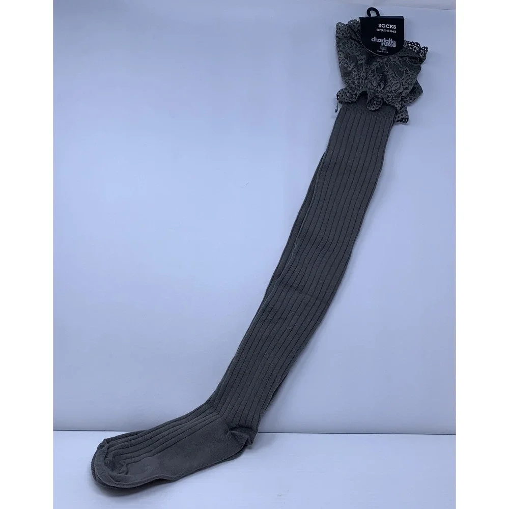 Charlotte Russe Women One Size Grey Lace Trim Ribbed Over The Knee Socks NWT